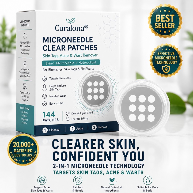🌟 Curalona® 2-in-1 Microneedle & Hydrocolloid Patch 🌿 Invisible Face & Body Patches for Raised Moles, Acne, Flat Warts & Skin Tags - Helps Improve the Appearance of Wrinkles, Scars & Blemishes